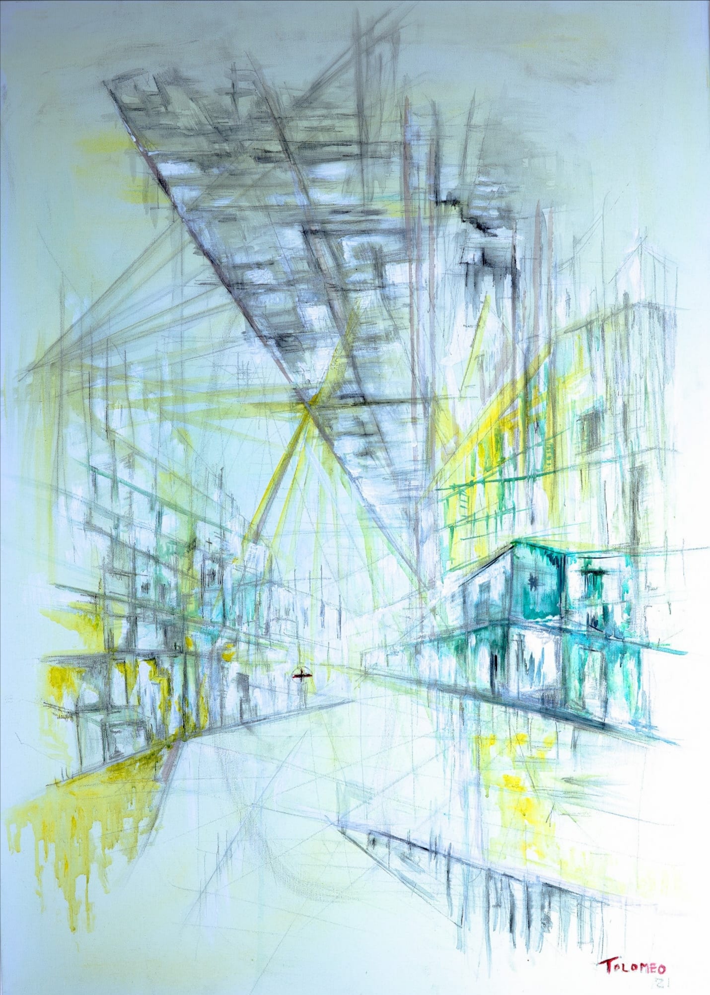 Veduta urbana astratta in toni chiari con linee prospettiche gialle e azzurre