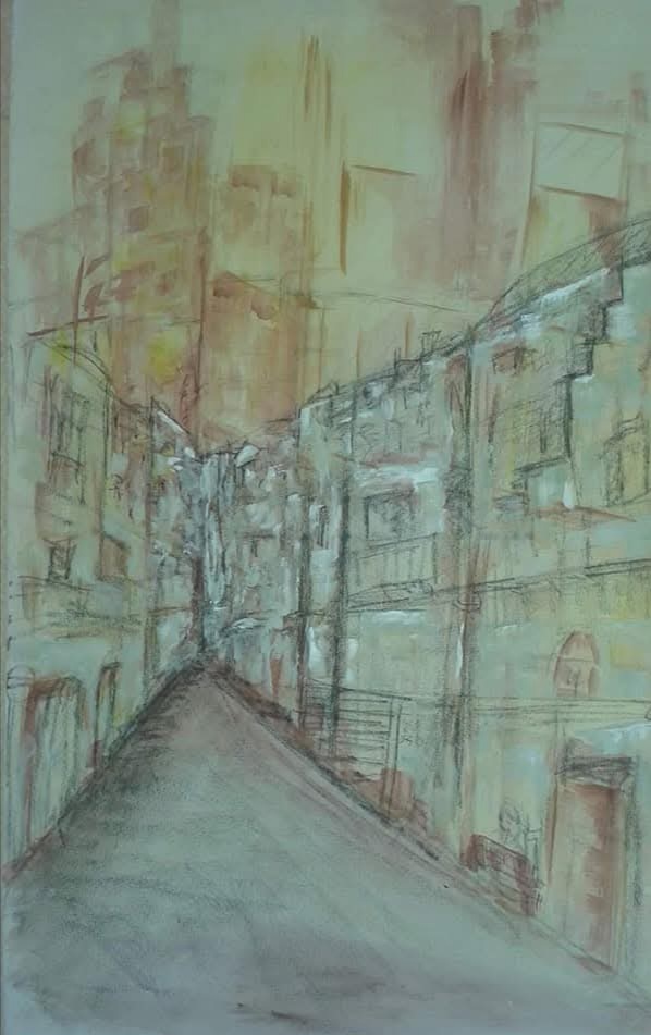 Opera astratta urbana in toni caldi, prospettiva di una strada cittadina